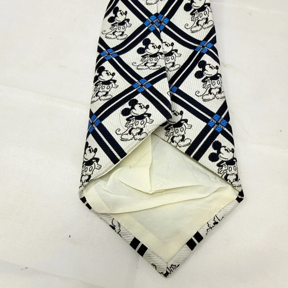 Disney Mickey Mouse Mens Necktie Navy Blue Cream Diamond Grid